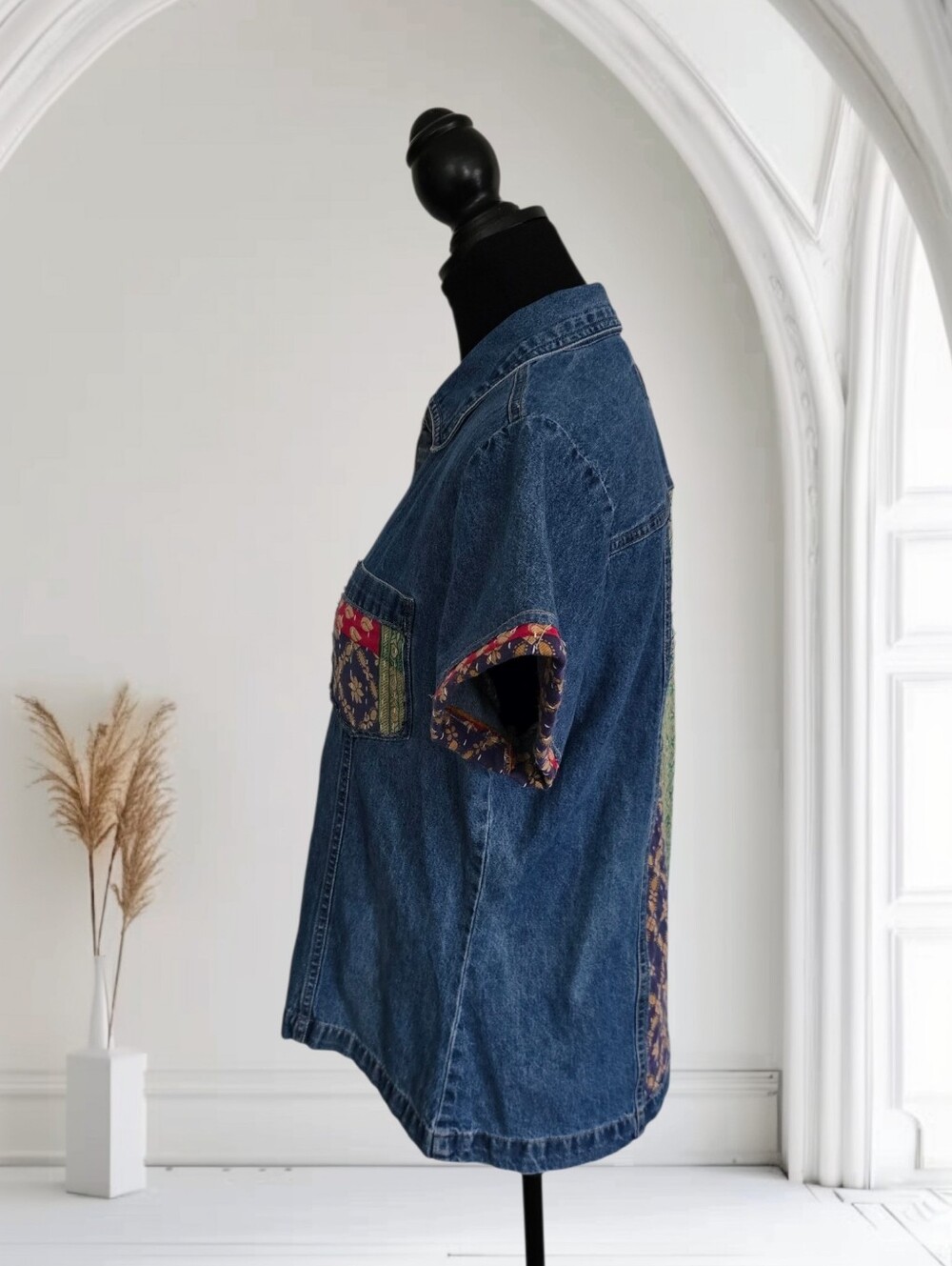 Upcycled Kantha Patchwork Vintage Denim Buttondown Shirt, Size L - Picture 5 of 7